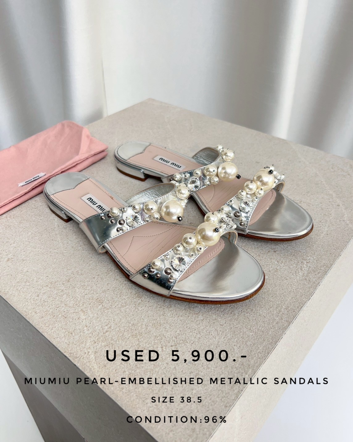 Used Miumiu Pearl-Embellished Metallic Sandals 