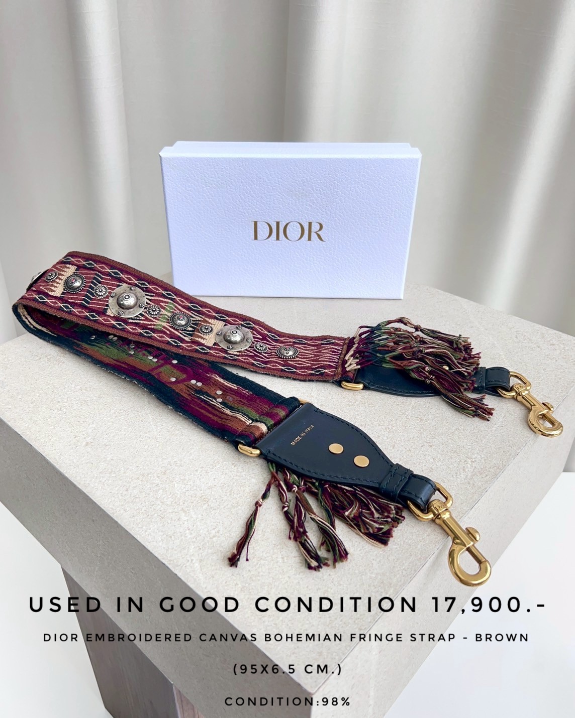 Used Dior Embroidered Canvas Bohemian Fringe Strap - Brown 