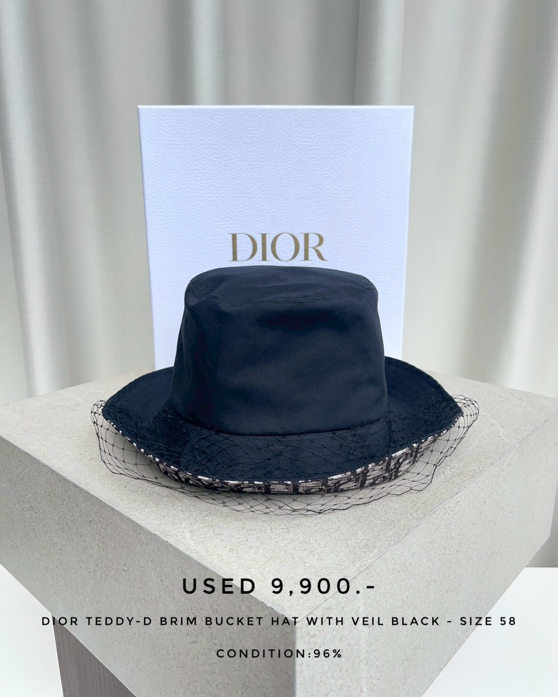 Used Dior Teddy-D Brim Bucket Hat With Veil - Black